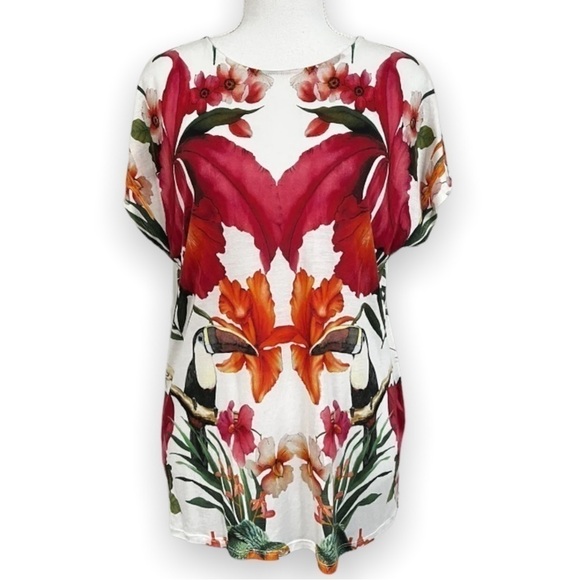 TED Baker London Keyyle Tropical Toucan Lyocell T-shirt Top Women’s Size 1 XS - Picture 2 of 10